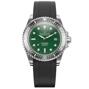 Oceaneva Men's Deep Marine Explorer II - 1250M Swiss Dive Watch with Damascus Steel Green Dial & FKM Rubber Band