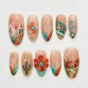 Handmade Boho Desert Press On Nails, 3D Cactus & Flower Art, Southwestern Pueblo Style Nails with Turquoise Accents, Bold Artistic Vibes