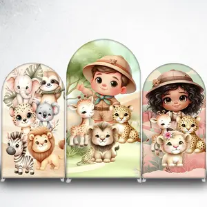 Adorable Safari Animals Arch Backdrop Cover for Jungle Theme Kids Party Decor