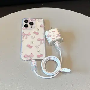 5 Piece Set Transparent Bow Heart Cherry Phone Case, Charger Head Cover, Cable Protector, Storage Rope, Anti-Drop Tpu Case for iPhone