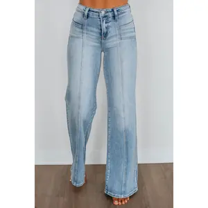 Women's Rozlyn Risen Wide-Leg Jeans, Medium Wash Bottom with Spandex Fabric and Pocket