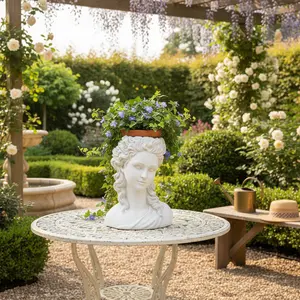 WH 10.75"H Girl with Curly Hair Cement Planter - 8.625" x 7.25" Durable Cement Planter for Indoor & Outdoor Use - Whimsical Home Decor