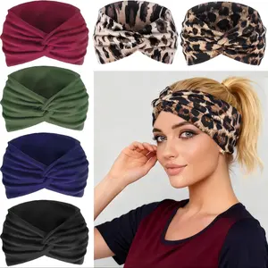 6Pack Wide Headbands for Women - Boho Knotted & Stretchy Elastic Hair Bands for Yoga, Sports, Training Headband, Workout and Everyday Fashion in Leopard Print & Solid Colors Handmade Headband, Sweat Band, Athletic Headbands