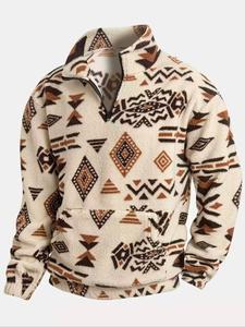 men's loose fit fleece ethnic graphic print sweatshirt, casual half-zipper stand collar long sleeve top for fall & winter outdoors