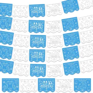 6 Pack 98.43 ft  Shower Papel Picado Mexican Banner Cielito Lindo Party Plastic Fiesta Banner Talavera Theme Decorations for  Shower Party Hanging(Blue and White)