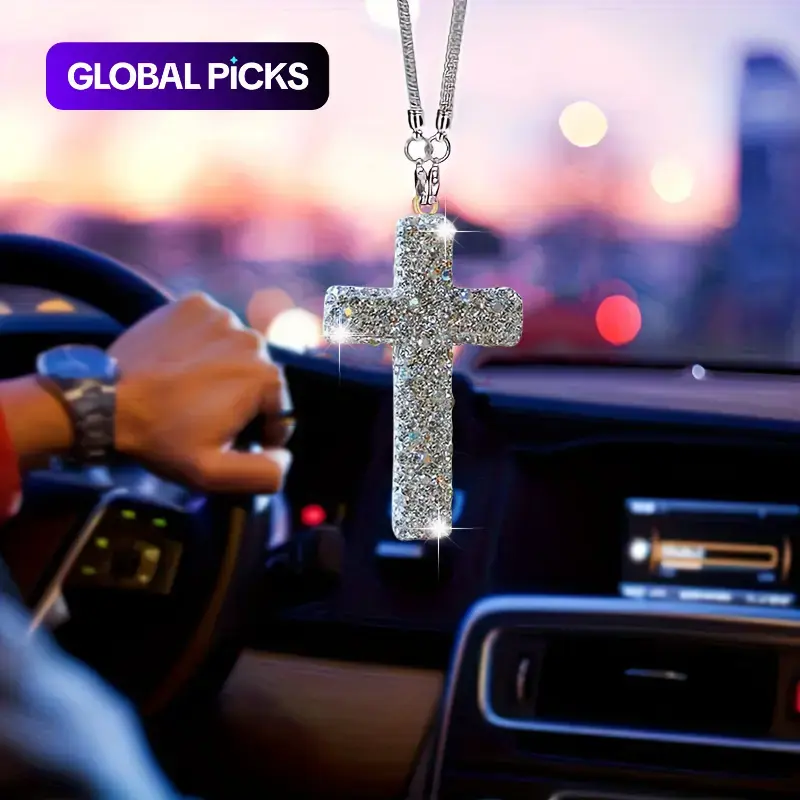 Rhinestone Decorated Cross Pendant, Stainless Steel Car Rearview Mirror Hanging Ornament, Aesthetic Car Accessory, Car Interior Decoration and Accessories, Car Hanger Ornament for Women & Men #GLOBAL PICKS