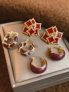 Vintage Elegant Geometric Design Stud Earrings Set, Oil Drip Water Drill Fashion Jewelry for Women, All Seasons Wear