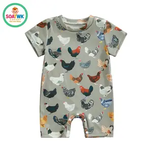 Infant Baby Summer Jumpsuit Cartoon Chicken Print Round Neck Short Sleeve Romper for Boys Girls