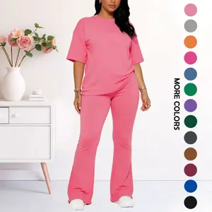 Women's Solid Drop Shoulder Tee & Pants Two-piece Set, Casual Fashion Cozy Half Sleeve T-shirt & Trousers for Daily Outdoor Wear, Women's Clothing for Fall, Womenswear