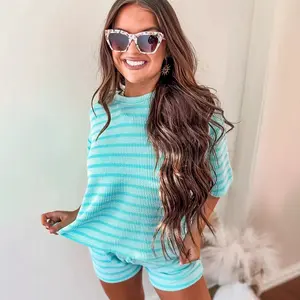 Women's Summer 2 Piece Ribbed Short Sleeve Tee Top and Drawstring Waist Shorts Matching Set with Pockets Casual Striped Raised Rib Loose 2pcs Short Set Daily Lounge Set