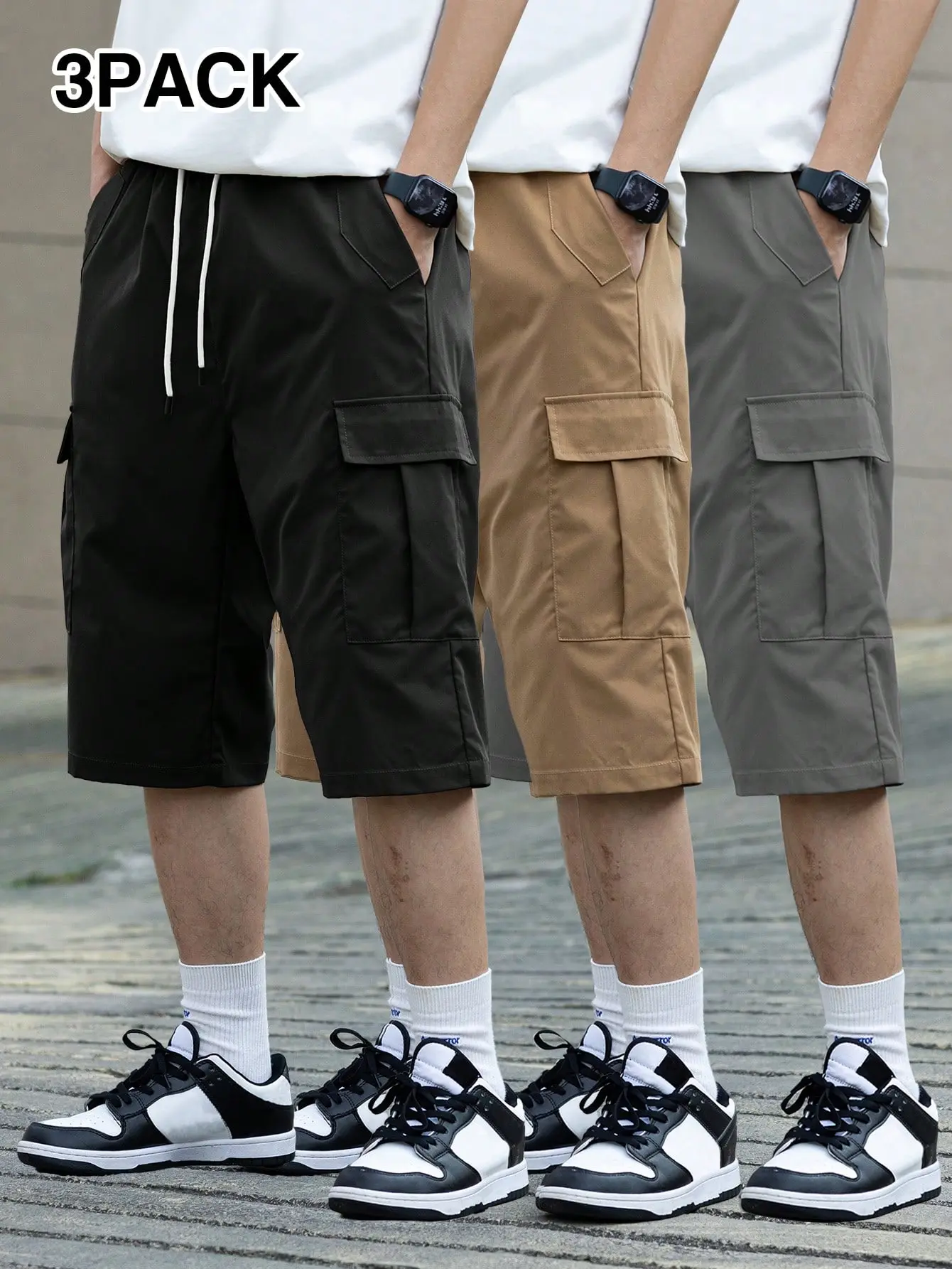 Men’s solid-color drawstring-waist wide-leg loose casual shorts (3-pack); men’s multi-pocket cargo shorts; men’s casual shorts. Suitable for everyday wear, going out, school, parties, family gatherings, travel, and music festivals. Also suitable for famil
