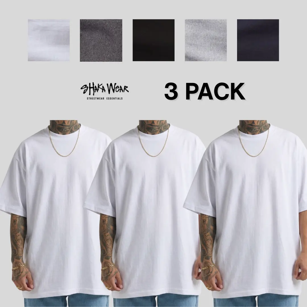Shaka Wear Men's 3-Pack Max Heavyweight Short Sleeve Crewneck T-Shirts - Thick Yarn Cotton Apparel, Casual Layer, Hip Hop Basic