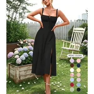 Women's Plain Ruched Boning Corset Milkmaid Dress, Lace Up Dress, Party Dress, Split Thigh Dress, Tie Front Dress, Elegant Aesthetic Square Neck Midi Dress, Dresses for Women,Style Non Bodycon Dress Christmas, Formal Dresses, Adjustable