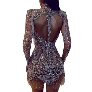 Summer Women's Dress with Gold Sequins, Backless Transparent Hollow Out Mini Skirt Casual Womenswear Formal Turtleneck Long Sleeve