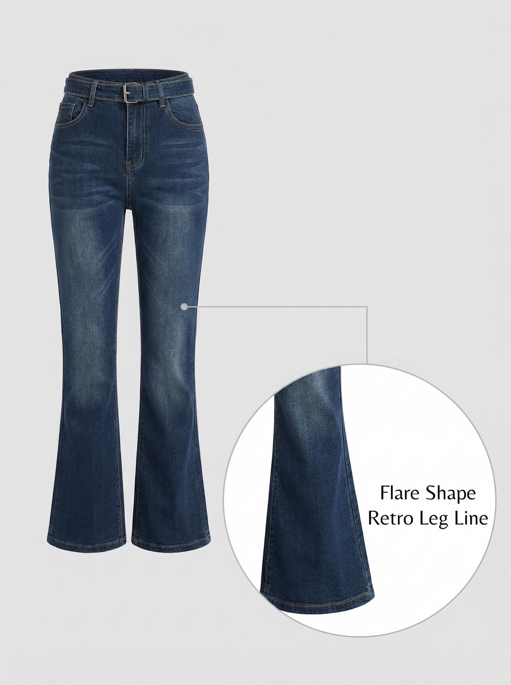 Women’s Flare Jeans Bell Bottoms Stretchy Flattering Dark Wash Denim Pants With Belt Y2K Vintage Grunge Alt Casual Streetwear