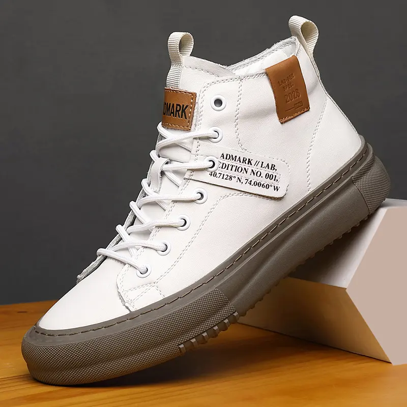 ADMARK Men’s Minimalist White Leather Mid-Top Roundtoe Laces Trainers - Athletic Sneakers Trainer, Breathable Casual Shoes for Commuting, Walking