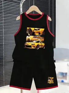 Bumblebee Car Boy Tank Top Set, Classic Cool Design, Daily Wear, Outdoor Play, Theme Events, Bold Car Print, Boys' Fashion Choice