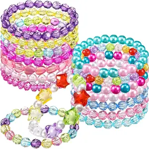 BY-HBL015-L 16 Pcs Kids Bracelet for Girls Toddlers Princess Bracelets Bulk Cute Rainbow Bead Jewelry Little Girls Jewelry for Birthday Party Favors Gifts Costume Beach Summer Back to School