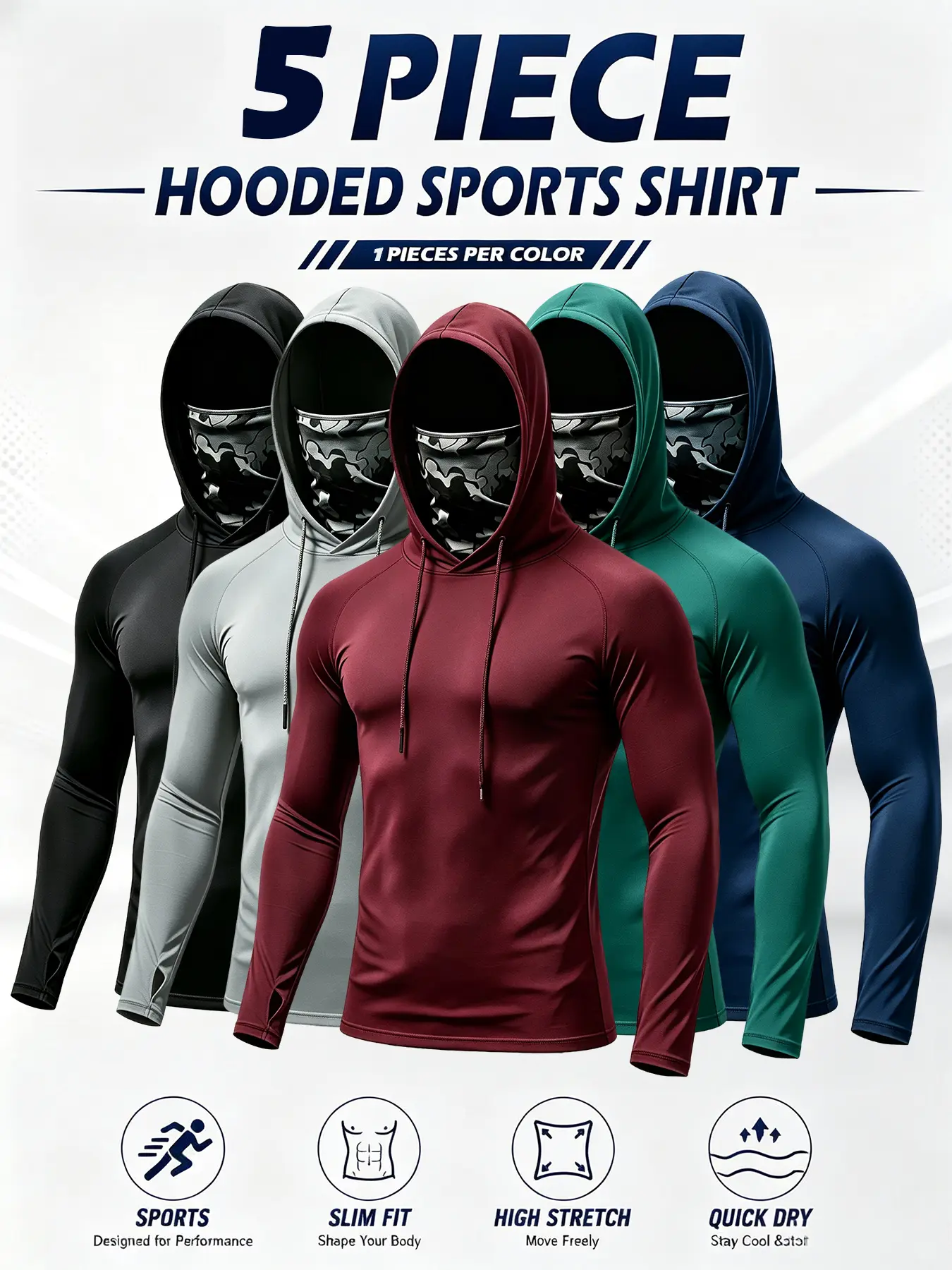 6/3 Pack Men's Sun Protection Long Sleeve Hooded Shirts, 4-Way Stretch Quick Dry Compression Work Shirt with Built-in Face Mask & Neck Gaiter, UV Protection for Fishing Cycling Gardening Outdoor Work Dry Fit Active Athletic Clothes