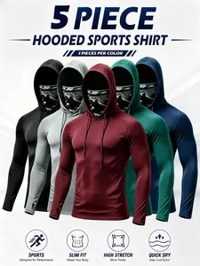 6/3 Pack Men's Sun Protection Long Sleeve Hooded Shirts, 4-Way Stretch Quick Dry Compression Work Shirt with Built-in Face Mask & Neck Gaiter, UV Protection for Fishing Cycling Gardening Outdoor Work Dry Fit Active Athletic Clothes