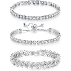 3 Pcs Tennis Bracelet Set 14K Gold Plated Marquise Cubic Zirconia CZ Diamond Dainty Adjustable Silver Bracelets for Women Brides Stackable Fashion Jewelry Wedding Prom Gift