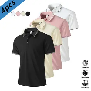 4-piece set, casual men's short-sleeve polo shirt, quick-dry golf and tennis shirt, comfortable equestrian wear, stylish men's athletic apparel, suitable for casual parties, vacations, and travel, with color-blocked collar and cuff design