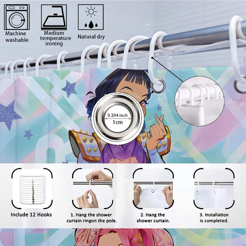 4pcs K-POP Demon Hunters Bathroom Set, Shower Curtain with Hooks, Non-Slip Bath Rug, U-Shaped Toilet Mat, Toilet Lid Cover, Bathroom Shower Equipment, Bathroom Decoration Accessories