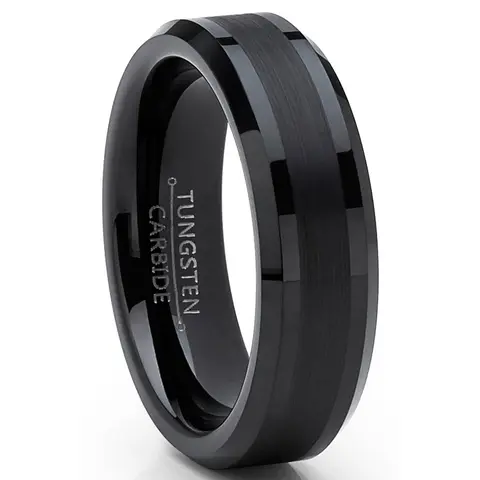 Male Customized Hypoallergenic Black-Plated Tungsten Carbide Wedding Band - 6mm Comfort Fit, Brushed, Flat-Top, Scratch-Resistant, Beveled Edges, Artificial Gemstone Engagement Jewelry Accessory for Adults