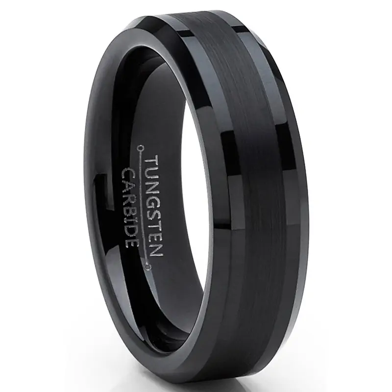 Male Customized Hypoallergenic Black-Plated Tungsten Carbide Wedding Band - 6mm Comfort Fit, Brushed, Flat-Top, Scratch-Resistant, Beveled Edges, Artificial Gemstone Engagement Jewelry Accessory for Adults
