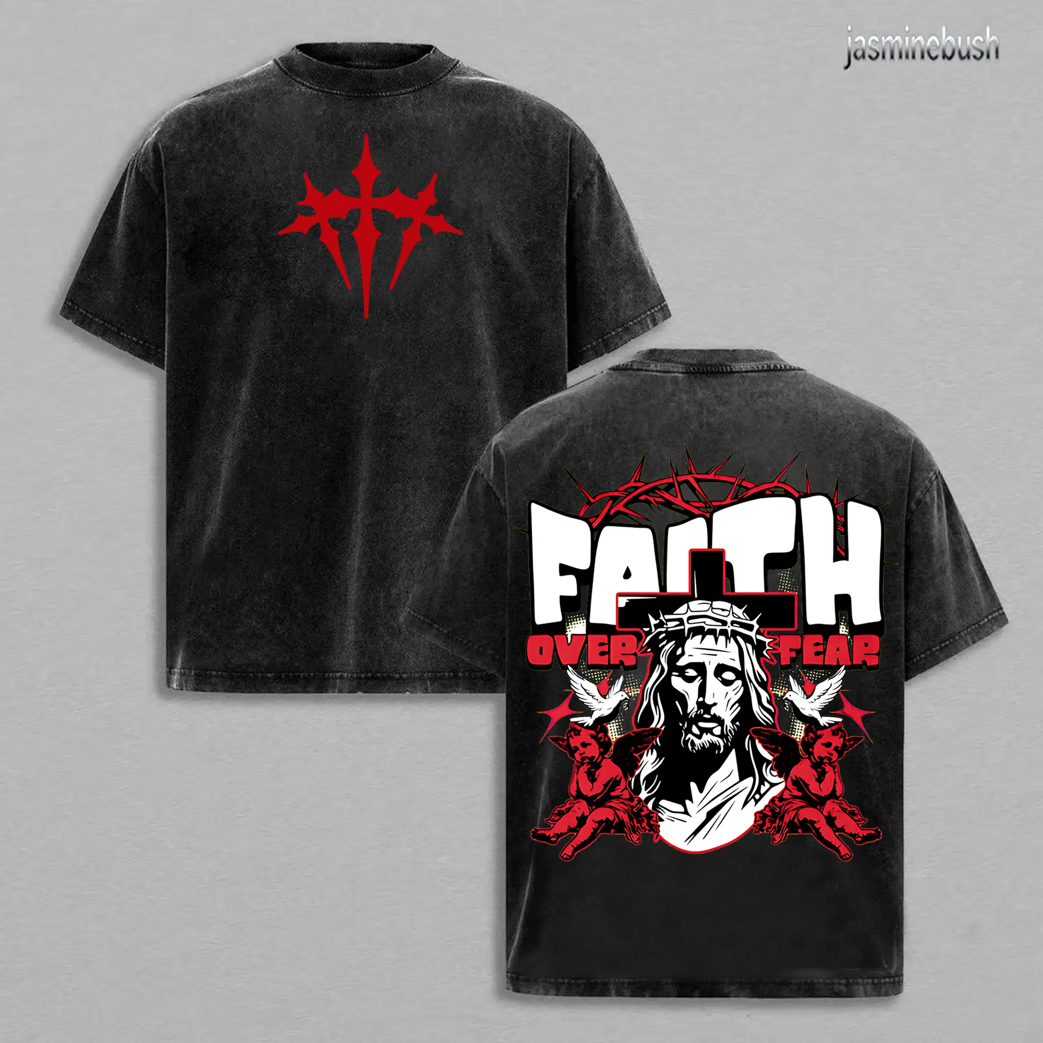 Faith Over Fear Jesus Shirt | Crown of Thorns Christian Graphic Tee | Vintage Washed Angel Print | Bold Cross Streetwear | Religious Spiritual Heavy Cotton Oversized Tee for Believers