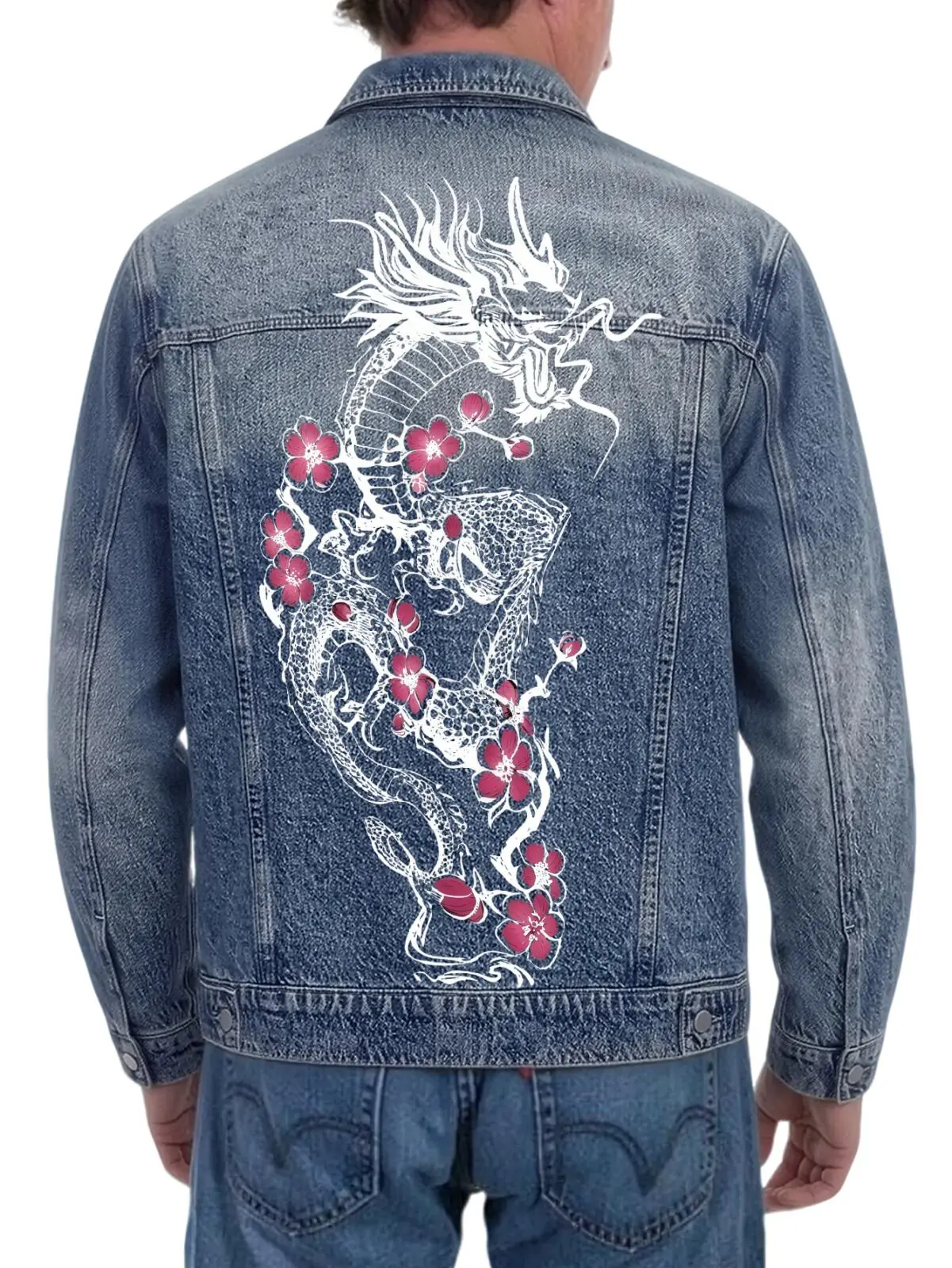 Oriental Dragon With Blossom Floral Motif Graphic Men Denim Jacket For East‑Asian Art Inspired Urban Street Daily Attire