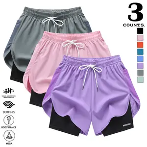 3-Pack Women’s Sports Shorts – Casual, Fitness & Running Shorts, Faux Two-Piece Design, Gym Training Pants, Anti-Exposure Women’s Shorts
