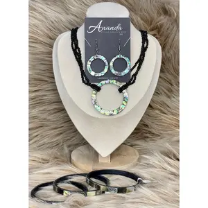 Beads and Shell Set - Earrings with Black Beads and Decorative Shell, Black Cord with Decorative Beads