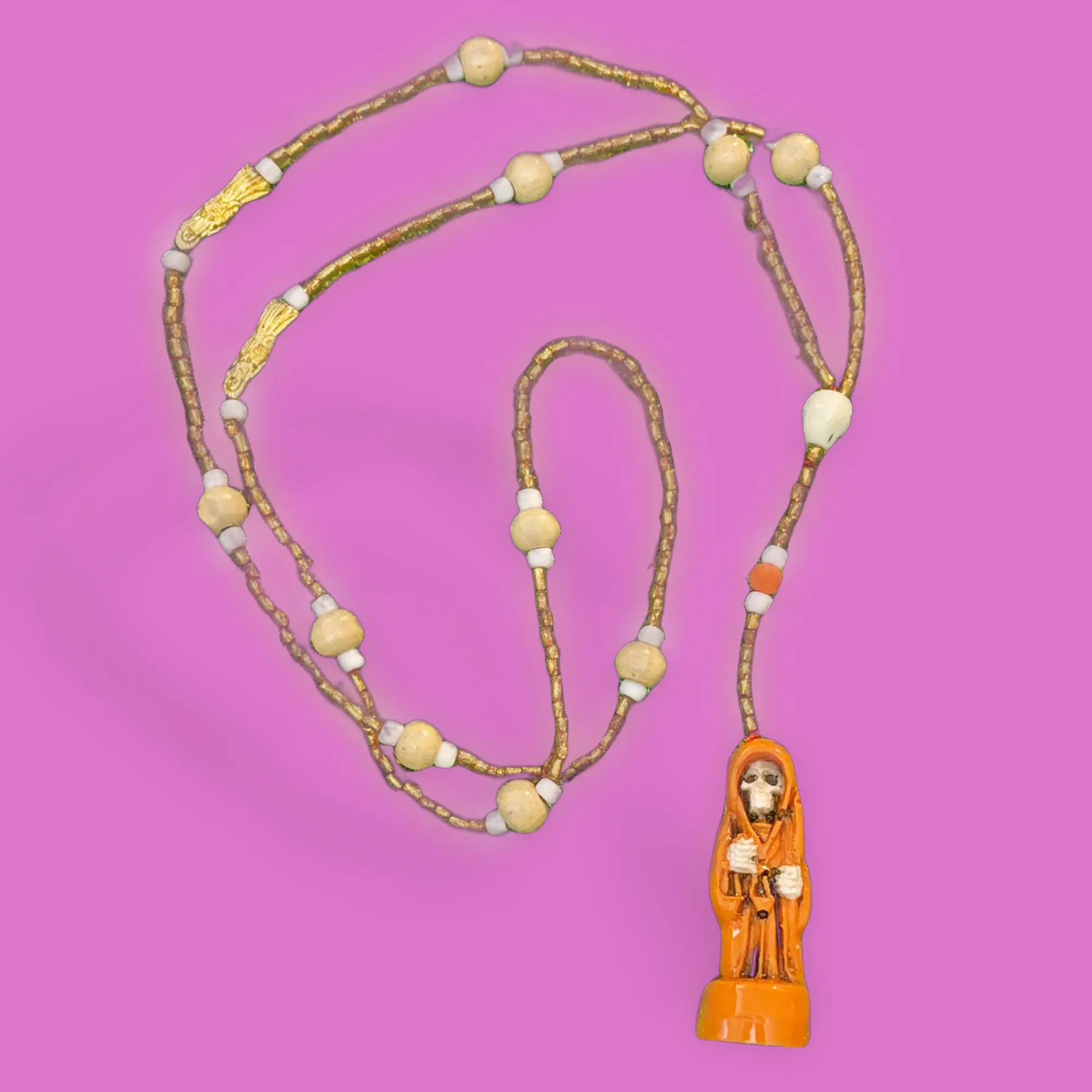 Santa Muerte Amber Necklace, Orange-Charged, 1-Thread Costume Jewelry Accessory