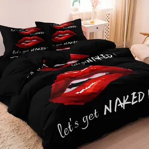 3pcs Crimson Kiss Sketch Love Couple Printed Bedding Duvet Cover Set with Soft Comfortable And Breathable Duvet Cover, For Bedroom, Guest Room And Dorm Bed Sets Supplies (1* Duvet Cover+2* Pillowcase, No Core)