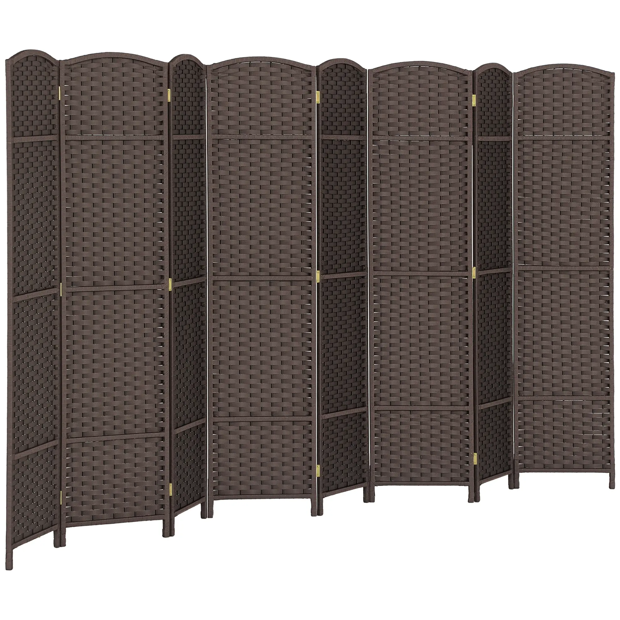 Brown 8-Panel Pine Weave Foldable Freestanding Room Divider with Arched Top, 126"w-0.6"d-66.9"h, Wear-Resistant, Superior Privacy, Hand-Woven Elegance, Versatile for Bedroom & Home Office, 126"Wx66.9"H, Single Unit