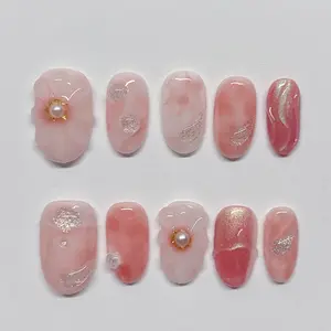 [Blooming] Short Round Handmade Press on Nails, Fake Nails with Nail tool kit with Jelly Stickers, Reusable, Durable