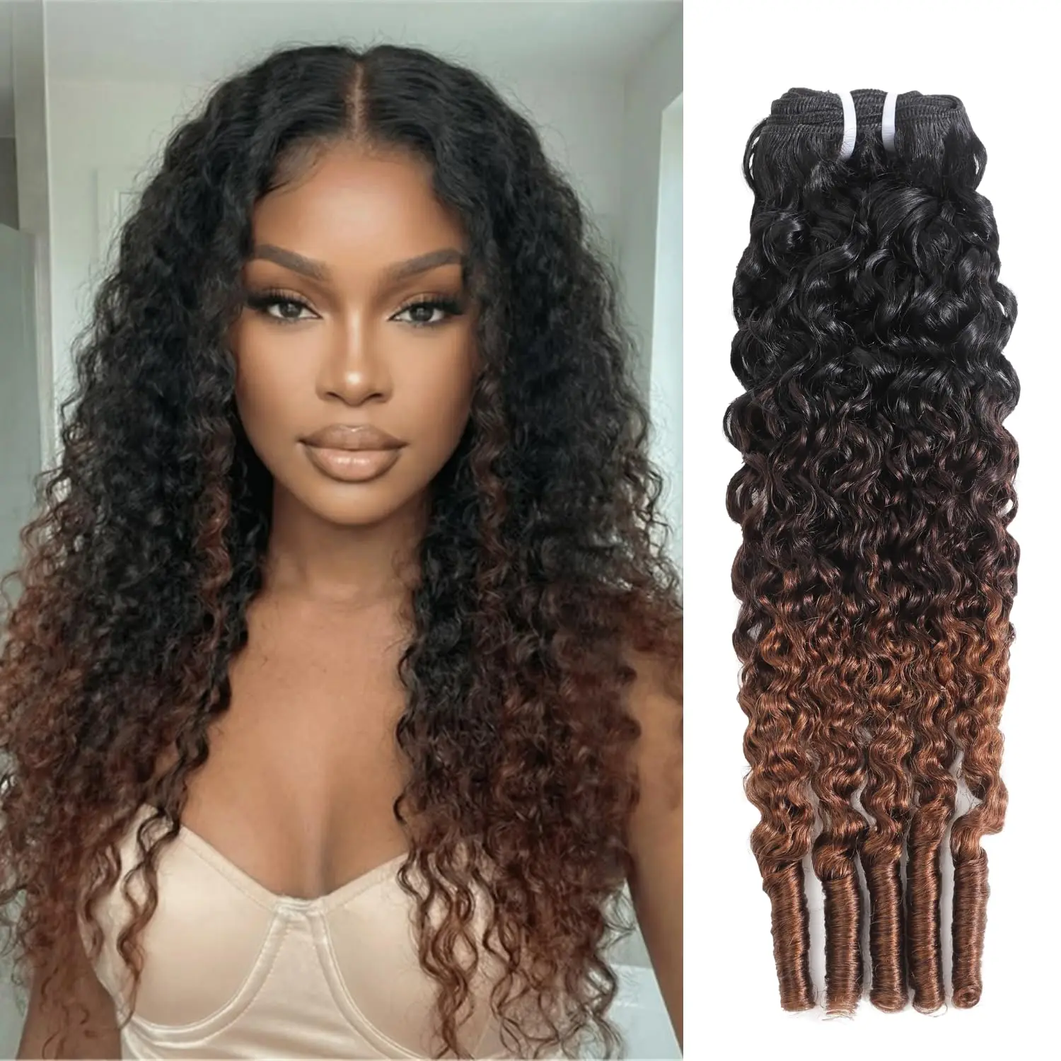 ALHER 15A Virgin Hair Bundles, 14 Inch Bouncy Burmese Curly Waves in T1B/2/30 Ombre Tone, Heat Resistant Human Hair for Daily Wear, Single Bundle, Burmese Curly Bundles