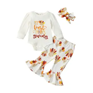 My First Thanksgiving Baby Girl Outfit Newborn Turkey Onesie Romper Bell Bottoms Pants Fall Winter Clothes