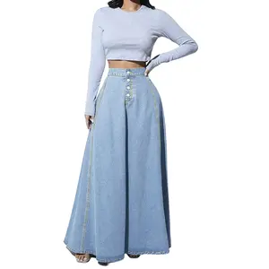 Women’s High Waist Denim Maxi Skirt A-Line Vintage Button Front Long Jean Skirt Casual Streetwear