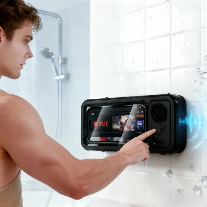 Waterproof box speaker, bathroom waterproof 360 ° rotating touch screen, Bluetooth speaker, watch movies, listen to music, phone holder Bluetooth speaker audio shower TV holder, swimming pool, kitchen, bathroom, sink, Stereo