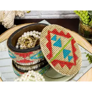 Rustic Western Aztec Tribal Pattern Faux Wood Jewelry Trinket Decorative Box