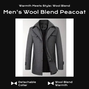 Men's Wool Blend Double Neck Pea Coat Casual Warm Windbreaker Detachable Collar Thickened Winter Warm Coat in Black Grey Burgundy Earth-Yellow Sizes S M L XL XXL