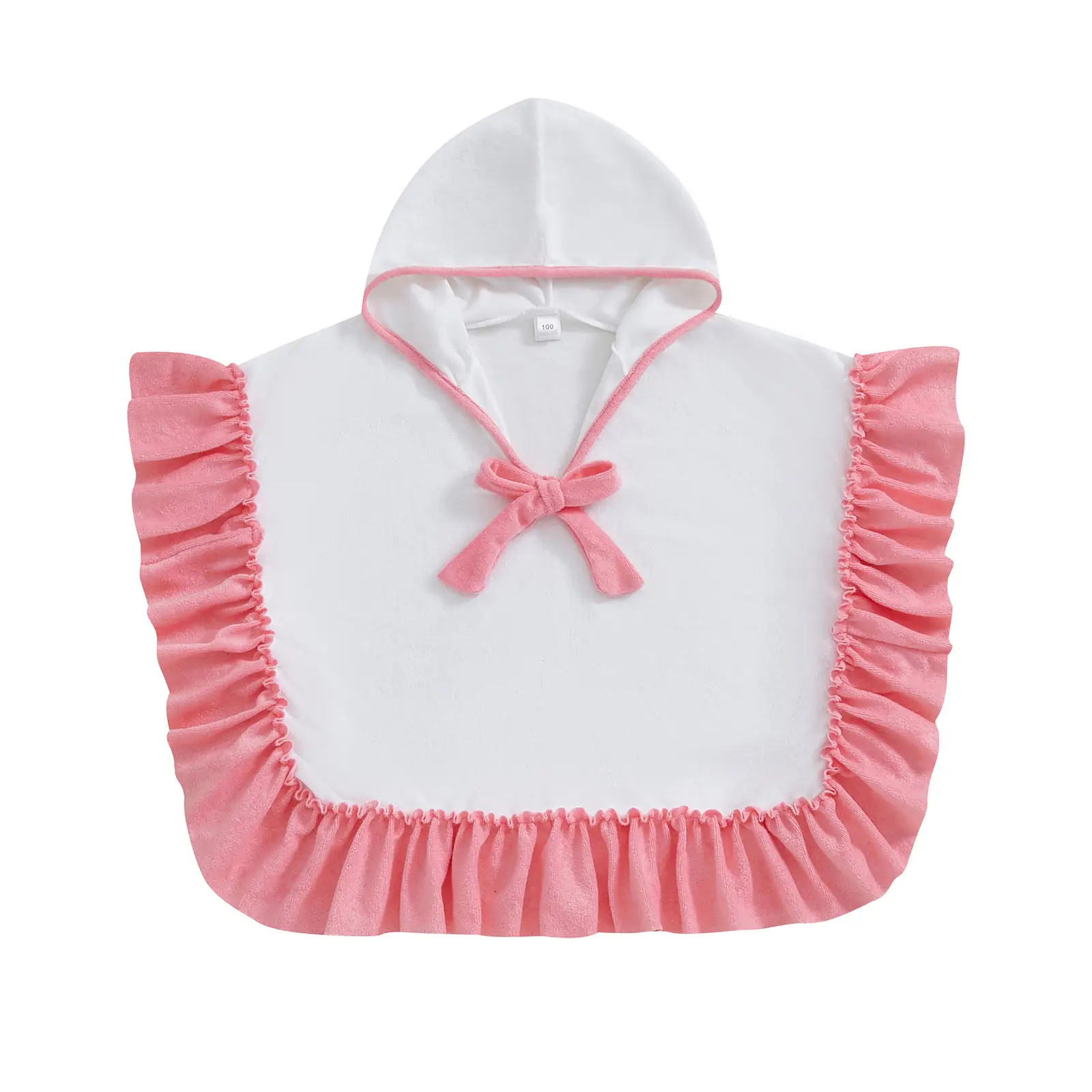 Toddler Girl Hooded Poncho Towels Contrast Color Bow Ruffled Loose Fit Beach Robe Cover-up Spring Summer Clothes Swimwear Suit Outfit