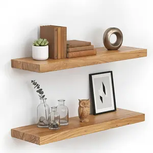 Rustic Wood Floating Shelves by [Brand] with Iron Hinges for Bathroom, Kitchen, Living Room - Set of 2, Durable 16.5 Inch Wall Mounted Decor