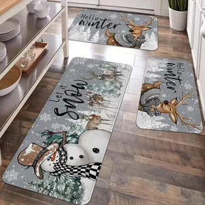 2/3pcs Christmas kitchen carpet floor mat, grey Hello Winter, reindeer, Christmas snowman pattern anti slip floor mat, suitable for holiday kitchen, entrance door, laundry room, bathroom, living room, room Christmas decoration floor mat, Home Decor Rugs