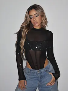 Mock Neck High Cut Mesh Black Bodysuit for Women with Rhinestone Accents and Long Sleeves Stylish and Comfortable for Various Occasions