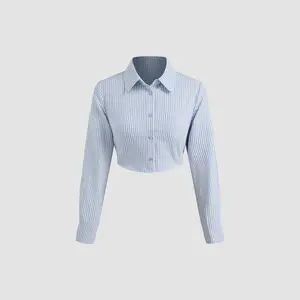 Cider [size 2-10] Cotton-blend Collar Striped Crop Long Sleeve Shirt