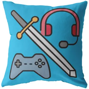 Gamer Adventure Blue Sword and Headset Game Room Decorative Throw Pillow