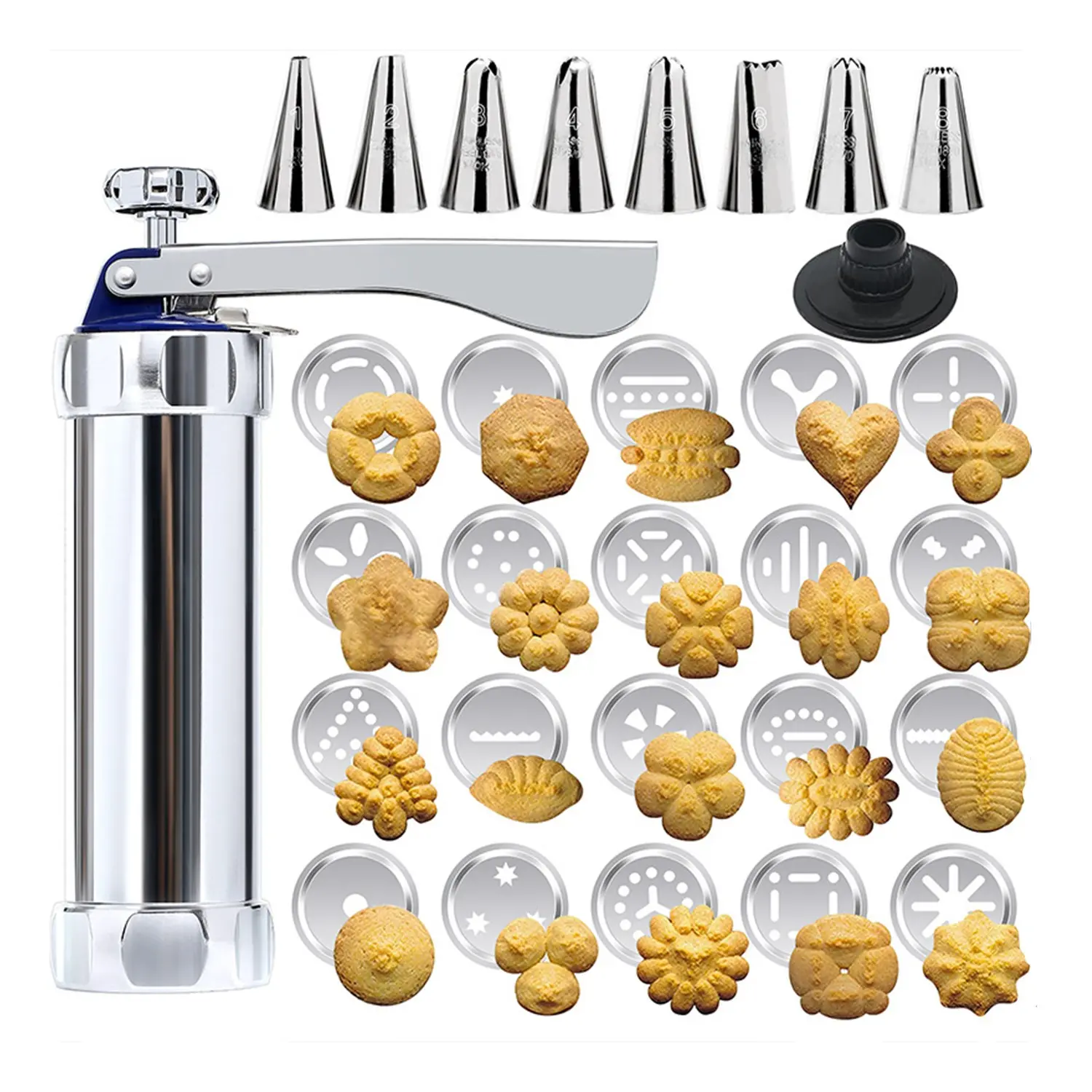 Baking cookie press kit, including 20 discs and 8 stainless steel frosting nozzles, suitable for DIY cookie making, cake decoration and Cookie Decorating, cookie making tools, Baking supplies, Baking Accessories
